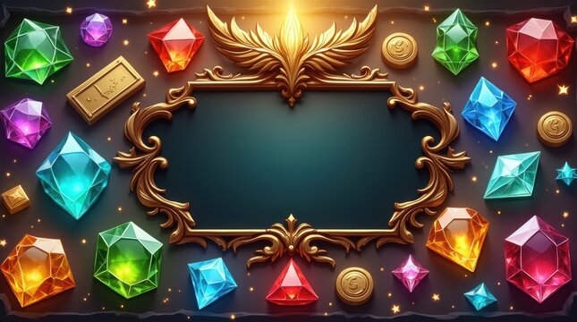 Ornate golden frame surrounded by colorful shiny gemstones and coins on a dark background for fantasy game design