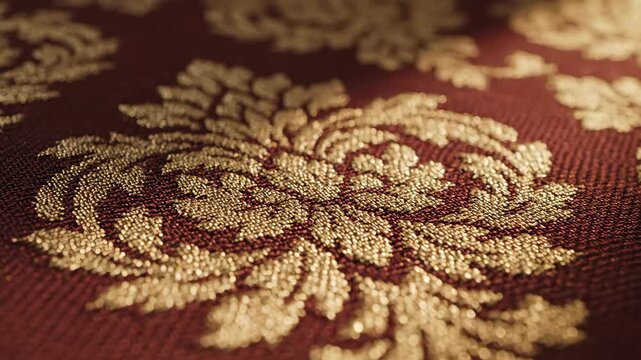 Macro Pan Over Deep Red Woven Fabric Featuring an Intricate Gold Floral Damask Pattern