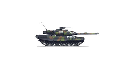 A military tank with camouflage paint is positioned facing right on a plain white background with a subtle shadow underneath. © Muj