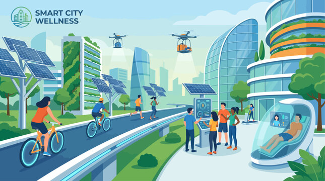 Modern eco friendly smart city park layout with people cycling running and using solar powered fitness kiosks