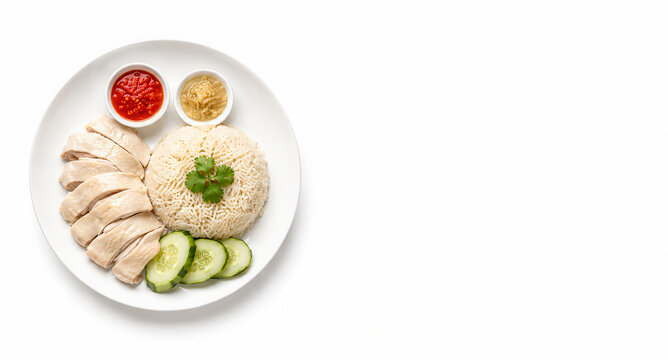 Riso al pollo hainanese di Singapore su piatto bianco. Generative AI 