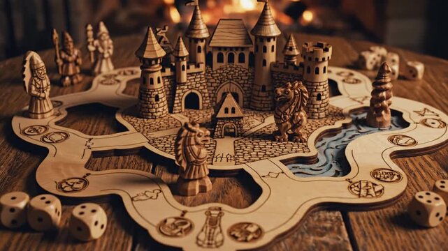 Wooden castle board game on tabletop with dice and figures