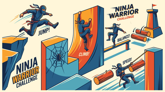 Ninja warrior obstacle challenge blueprint diagram with athletes climbing steep warped walls and jumping hurdles