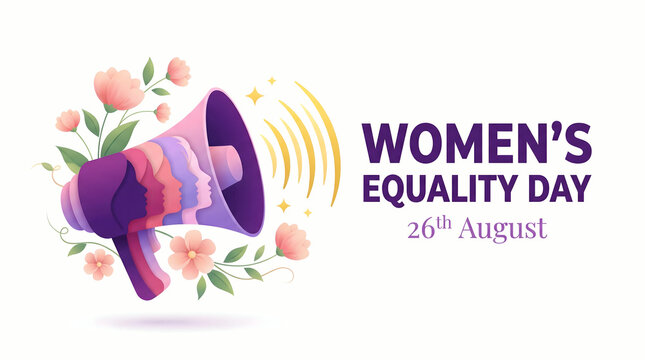 Women's Equality Day poster with megaphone and flowers