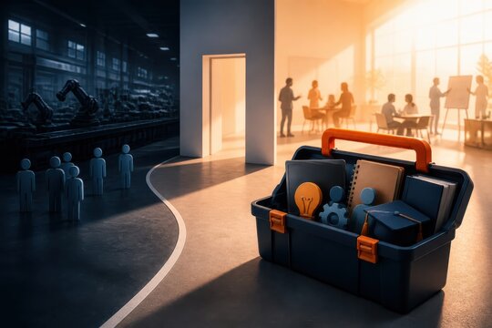 Toolbox with business and technology concept scene showing workplace transition collaboration and industrial automation