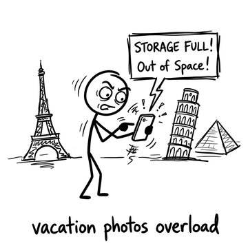 Stick figure cartoon of an obsessed tourist taking too many vacation photos, storage full concept