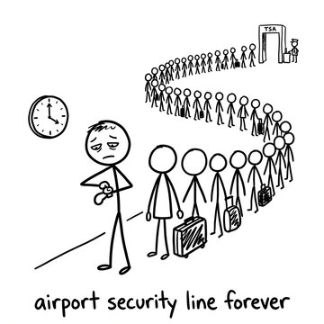 Hand-drawn stick figure cartoon of an endless airport security line, minimalist travel humor