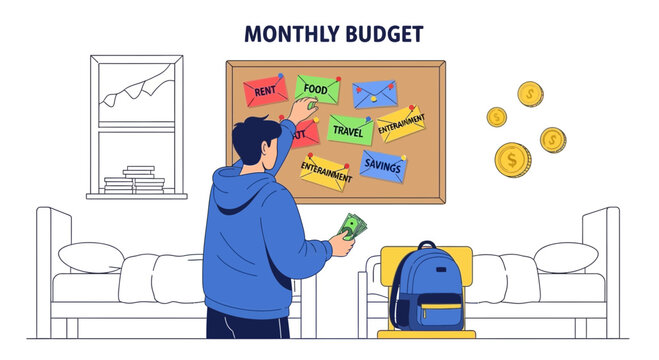 Young man planning monthly budget with expenses pinned on corkboard