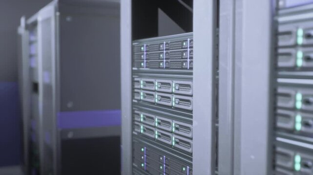 Closeup highperformance computing rack with LEDs multiple blade servers, dense cabling, focused depth, metallic finish, ambient cool green light implying