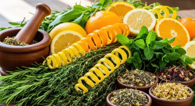 Vibrant citrus zest with fresh herbs and spices.