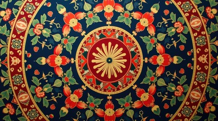 Fototapeta premium Colorful floral mandala pattern with traditional folk art style circular ornament design