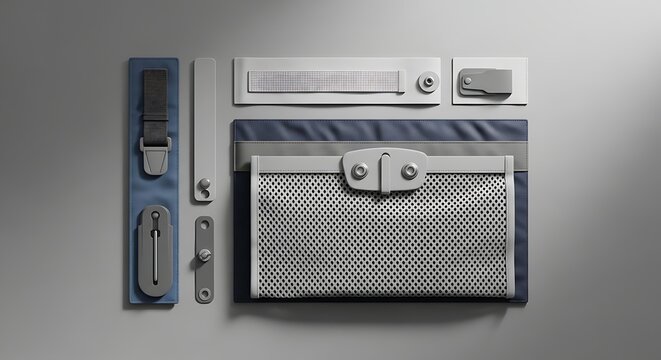 Airplane seat pocket design concept with modular storage components and mesh fabric accessories shown in a flat lay overhead studio product photography view