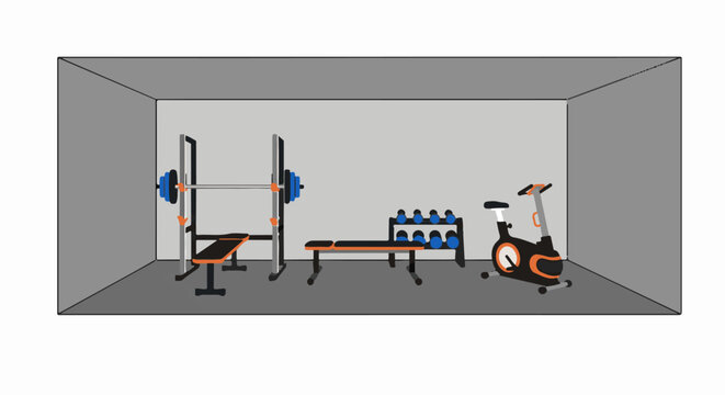 Indoor home gym setup with weights, bench, and stationary bicycle