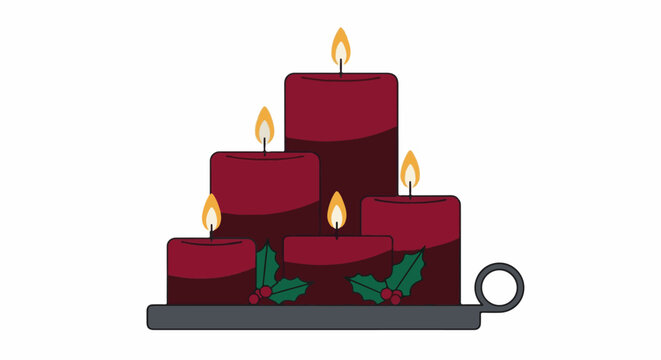 Five burgundy candles with flames and holly on a metal holder
