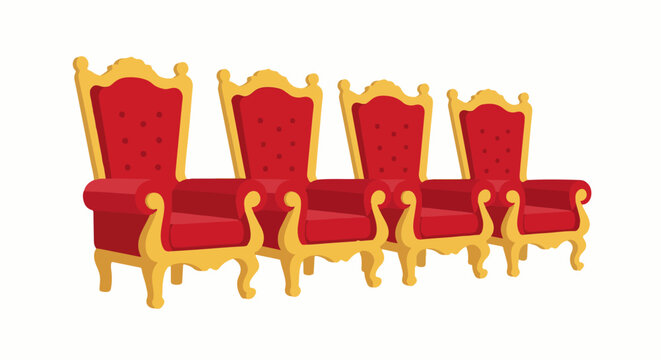 Four ornate red and gold upholstered thrones arranged in a row