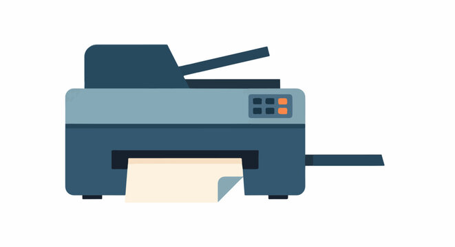 Flat design illustration of a modern office printer with scanner and paper output