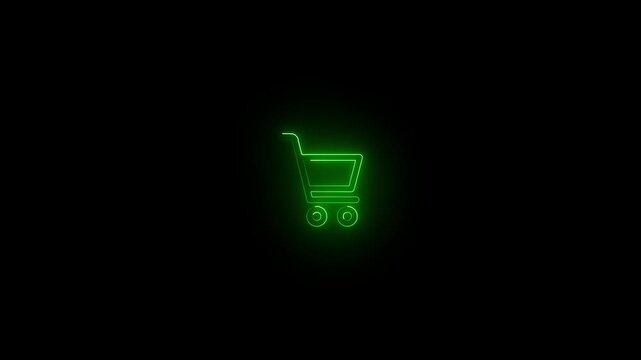 Neon glowing purple color shopping cart icon on black background animation