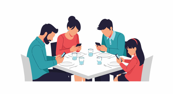 Family members engrossed in their phones at a dinner table