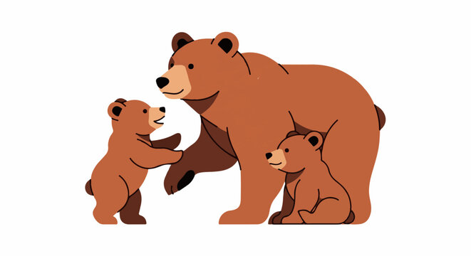 Family of brown bears, one adult and two cubs, playing together