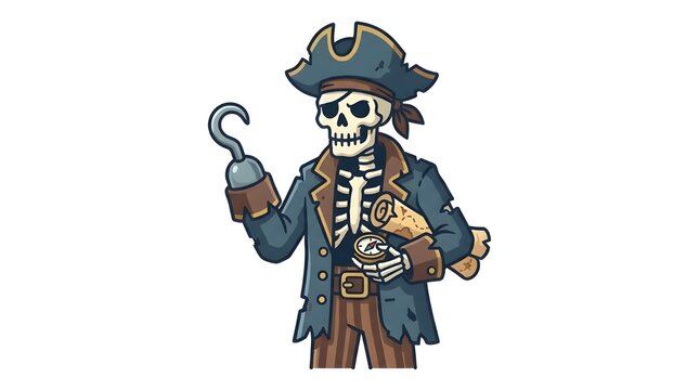 Cartoon skeleton pirate captain character with an eye patch, hook hand, tricorn hat, and tattered coat holding a compass and a treasure map scroll.