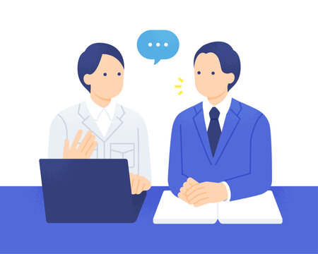 ノートパソコンを見ながら打ち合わせをするスーツの担当者と現場責任者のベクターイラスト素材