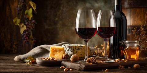 Obraz premium elegant red wine service with bottle glasses and gourmet cheese plate on a dark wood background