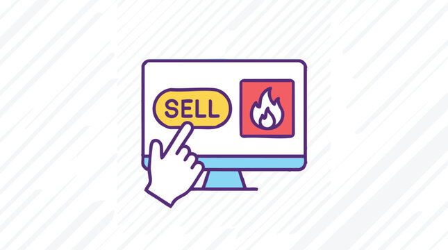 Computer monitor with sell and fire icons on screen
