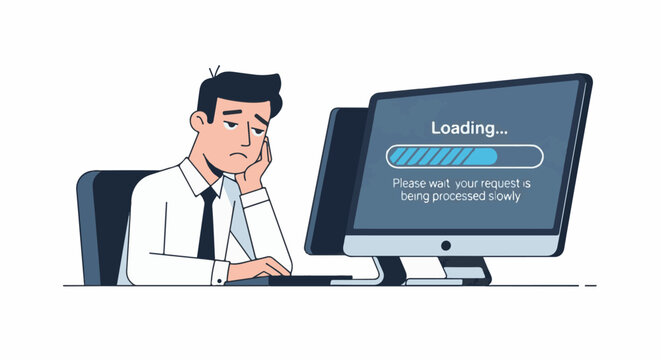 Frustrated businessman waits for slow computer loading screen