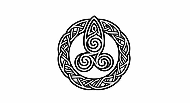 Intricate circular knotwork emblem with a triskelion design