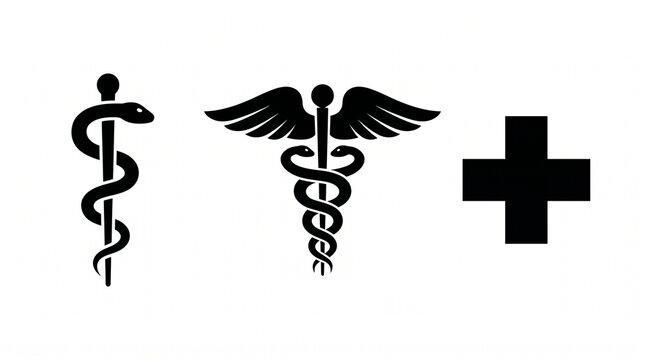 Medical symbol icons featuring rod of asclepius caduceus and plus sign, caduceus
