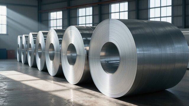 Large rolls of titanium sheet metal lined up in an industrial warehouse with sunlight streaming through windows.