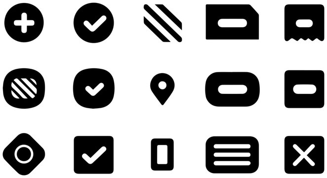 Collection of solid black filled icons for survey categories and tags on white background