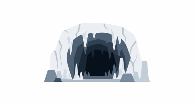 Dark, icy cave entrance with jagged stalactites and rocky foreground