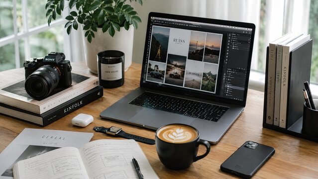 Modern creative workspace with laptop, coffee and designer accessories, aesthetic productivity