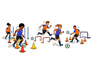 Fototapeta premium Children practicing soccer drills with cones and hurdles on a field