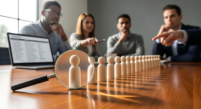 A magnifying glass focuses on small wooden human figures arranged in a row representing a recruitment process to select the best candidate for a professional corporate job position.