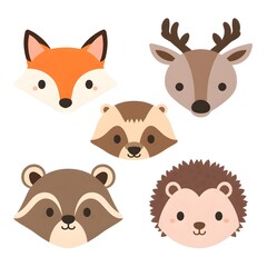 Fototapeta premium Cute Kawaii Forest Animals Collection: Fox, Deer, Raccoon, Owl, and Hedgehog Faces