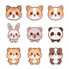 Fototapeta premium Cute Kawaii Animal Stickers Set: Cat, Corgi, Rabbit, Panda, Hamster in Chibi Style
