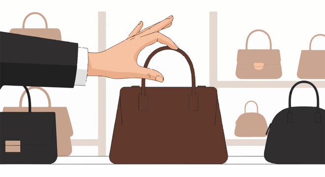 Hand selecting a brown handbag from a shelf of various purse styles