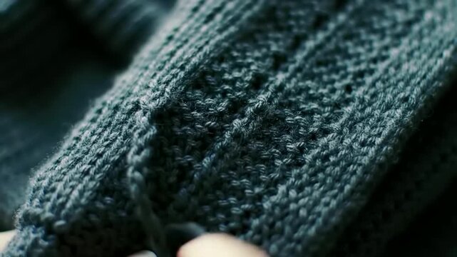 A finger touches a finely knitted fabric surface. The material shows intricate patterned stitches.