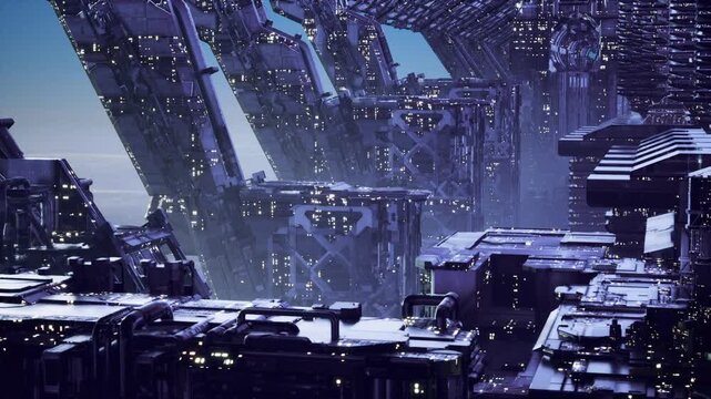 Abandoned city ruins under cold light, fractured platforms and toppled modules strewn across frozen terraces, sparse glowing windows hinting at past life, heavy