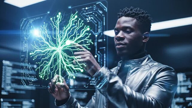 Man interacting with digital interface and futuristic energy sphere