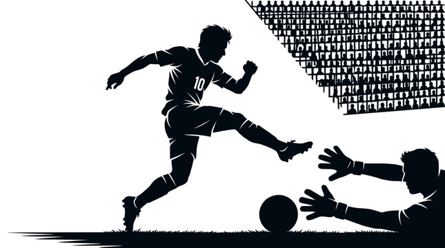 Soccer player kicking ball, goalkeeper diving, stadium crowd silhouette, sports action scene, football match eps isolated on White Background