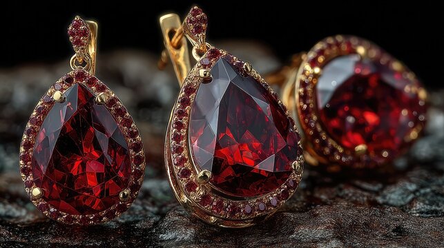 Elegant ruby jewelry set featuring pear shaped gemstones set in gold filigree frames resting on a rough dark textured surface for a luxurious display
