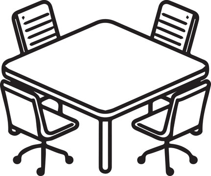 A minimalist illustration of a square meeting table surrounded by four swivel chairs, symbolizing a space for discussion and collaboration in an office setting.