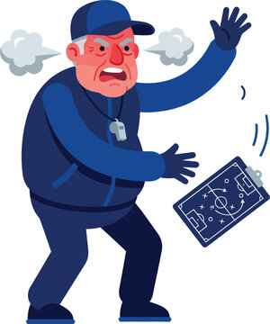 Angry cartoon soccer coach with steam coming out of ears and throwing clipboard during game.