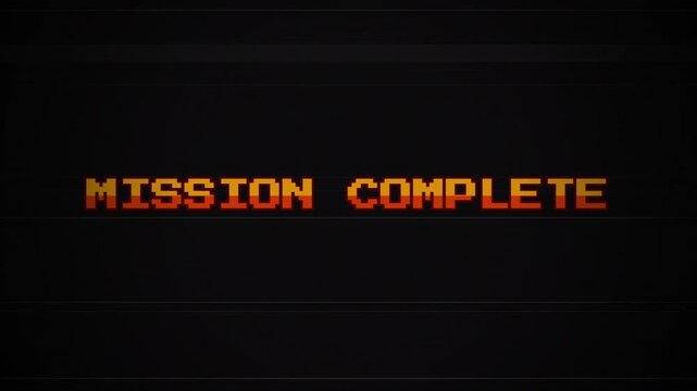 Mission Complete 8-Bit Pixelated Text Animation, Retro Video Game Interface, Vintage Arcade Glitch Effect, VHS CRT Scanlines Background 4k video