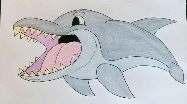 A hand-drawn, minimalist illustration of a grey shark-like creature with an oversized, gaping mouth and sharp yellow teeth, captured in a simple, expressive pencil and marker style