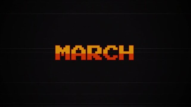 March 8-bit pixel art text animation with retro game glitch effect, vintage arcade computer style, VHS interference, CRT screen aesthetic, old school gaming 4k video