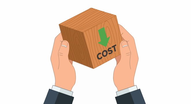 Hands hold wooden block with downward arrow and word "COST